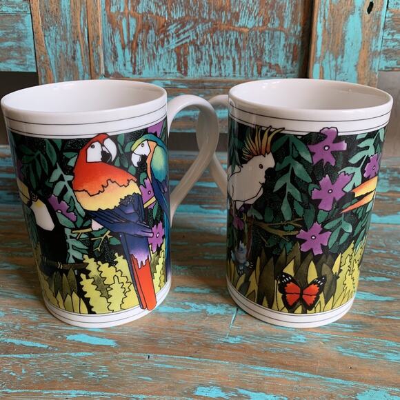 Dunoon Mugs Set Burma Parrots Ruth Boden Scotland Coffee Cups Tropical Birds - Picture 2 of 9